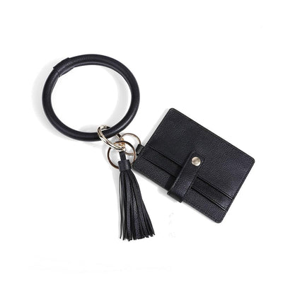 Pu Leather Wrist Ring Key Chain Coin Purse Black - Black