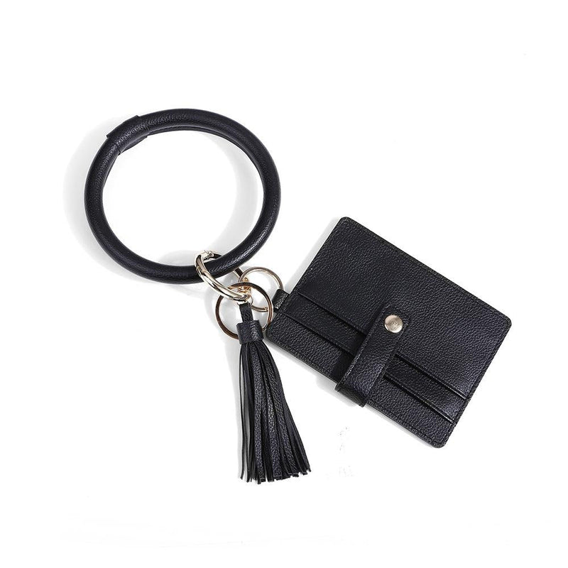 Pu Leather Wrist Ring Key Chain Coin Purse Black - Black
