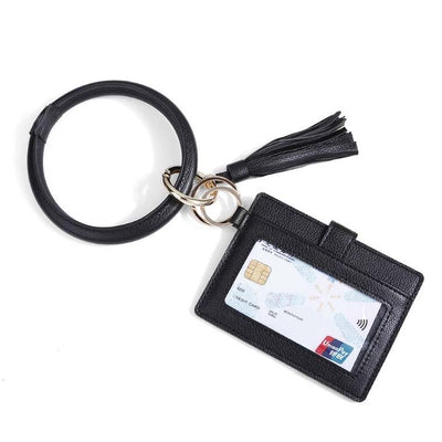 Pu Leather Wrist Ring Key Chain Coin Purse Black - Black