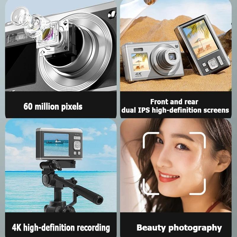 4K Hd Optical Zoom Digital Camera 60Mp Dual Screen Selfie Camera No Memory - Silver