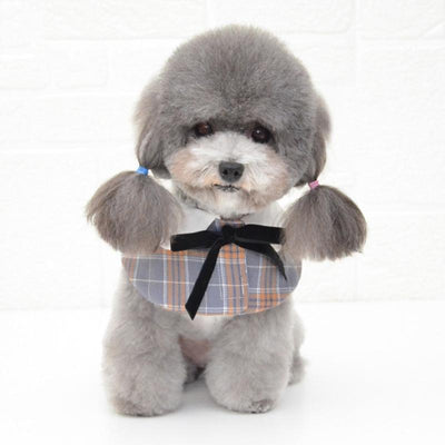 Dog Shawl Small Cloak Pet Bow Ttie Saliva Towel Pet Accessories - Size S - Gray Yellow Grid
