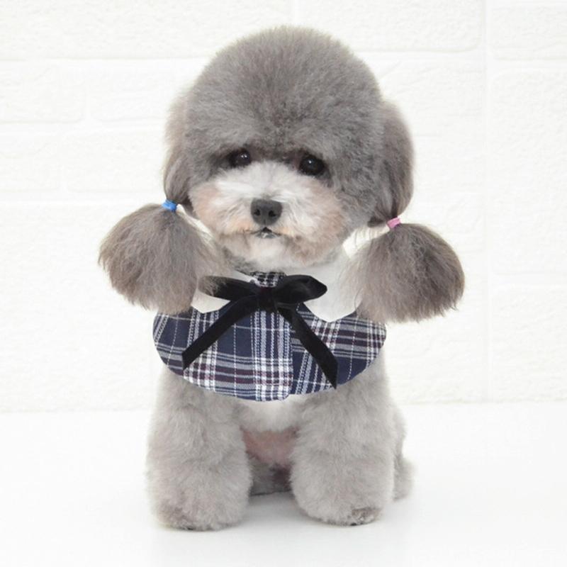 Dog Shawl Small Cloak Pet Bow Ttie Saliva Towel Pet Accessories - Size S - Gray Yellow Grid