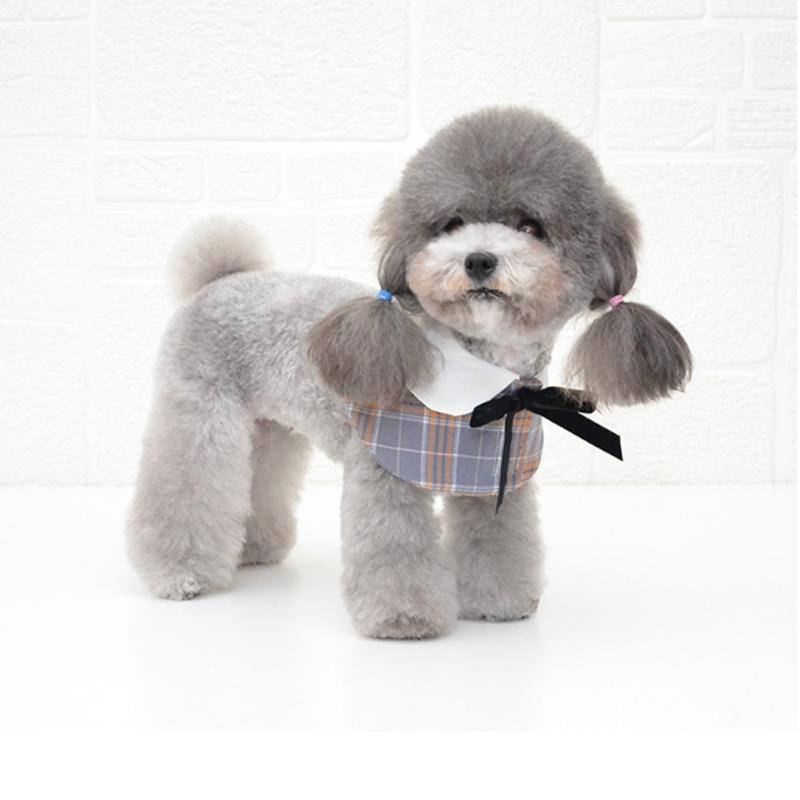Dog Shawl Small Cloak Pet Bow Ttie Saliva Towel Pet Accessories - Size S - Gray Yellow Grid