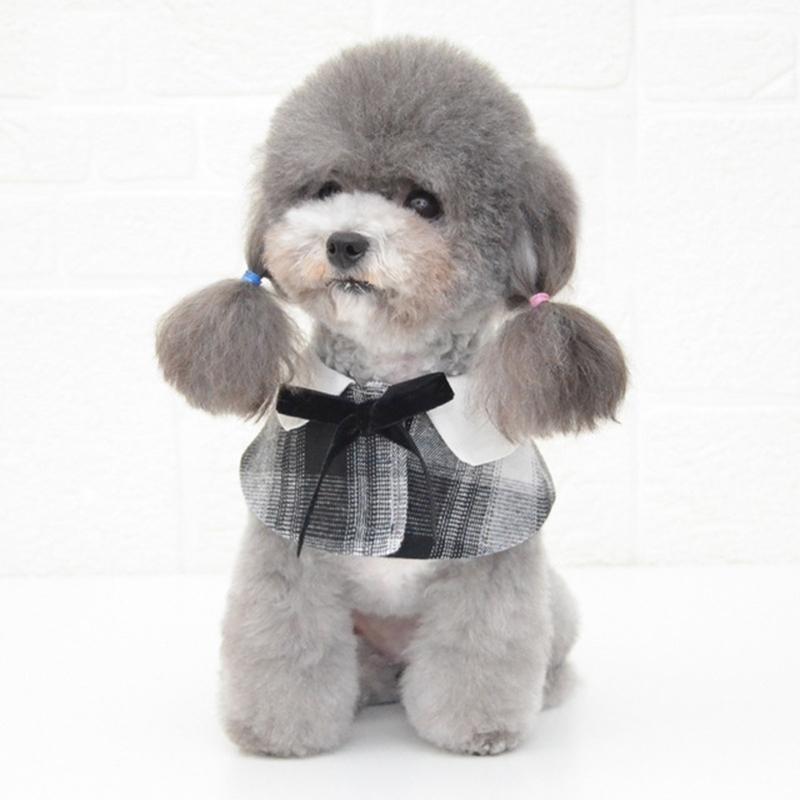Dog Shawl Small Cloak Pet Bow Ttie Saliva Towel Pet Accessories - Size S - Gray Yellow Grid