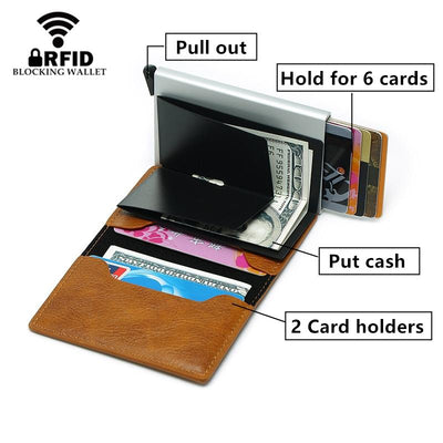 Anti Magnetic Rfid Leather Metal Wallet Universal Fit Black - Coffee