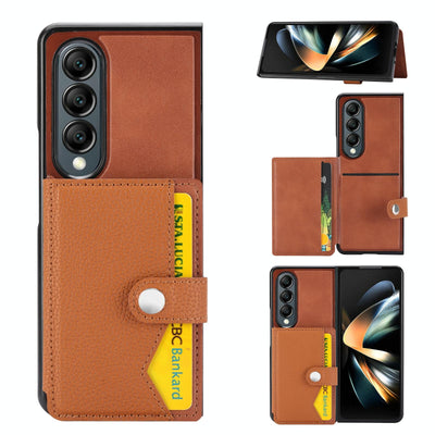 Litchi Pattern Single Button Card Holder Phone Case - Brown