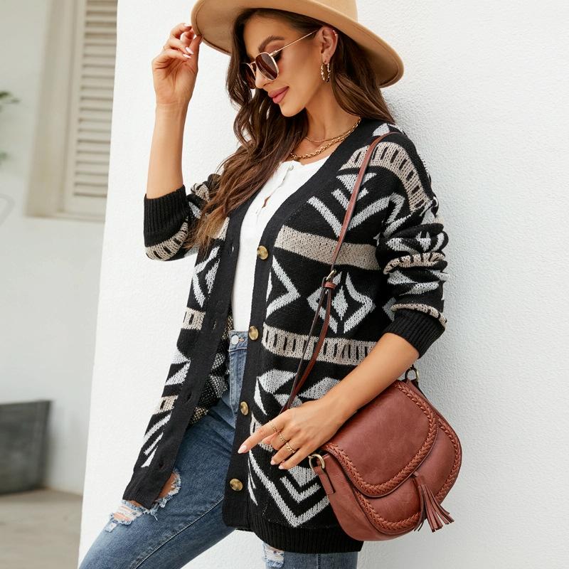 Autumn And Winter Female Diamond Loose Knitted Cardigan Jacquard Medium-Length Sweater Jacket - Brown - M