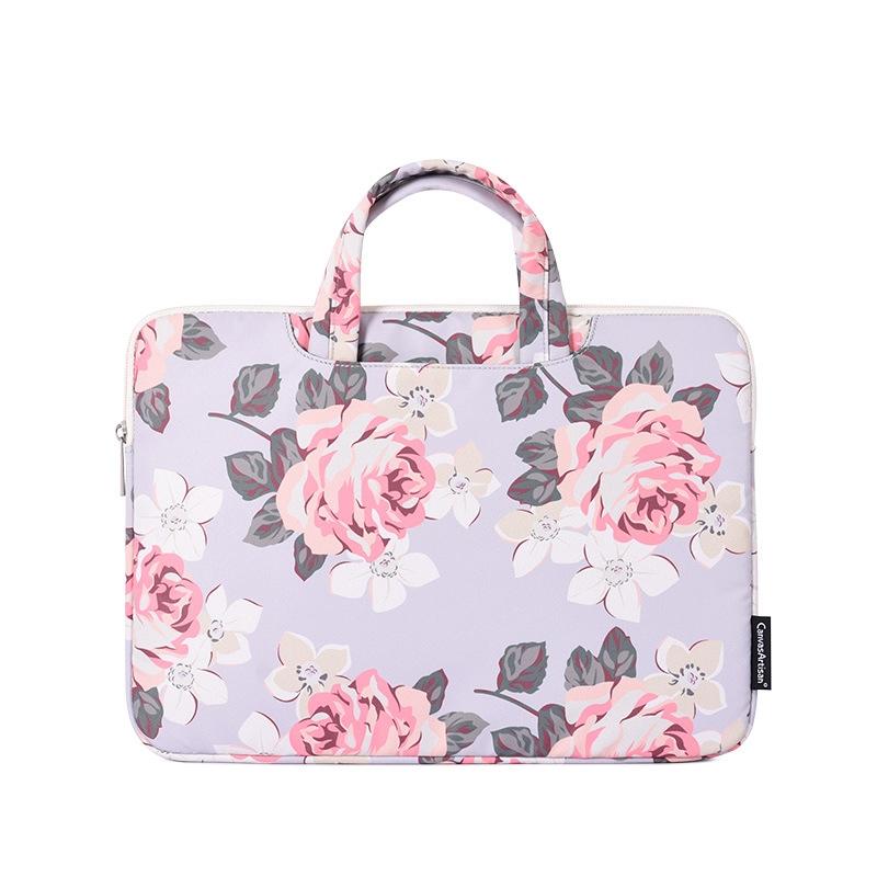 13 Inch Laptop Case Bag with White Rose Pattern and Handle - Grey