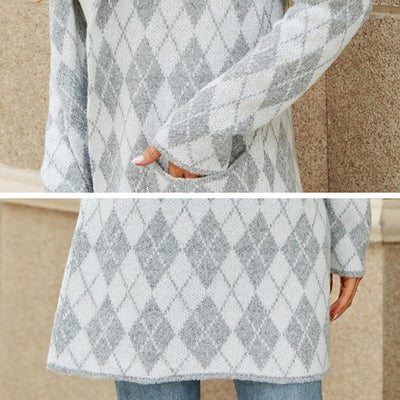 Autumn And Winter Long Sweater Collision Colour Knitted Cardigan Trench Coat - Dark Grey - L