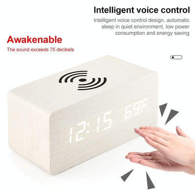 5W Wooden Wireless Charger With Led Mirror Display And Sub Alarm Clock - Black Wood