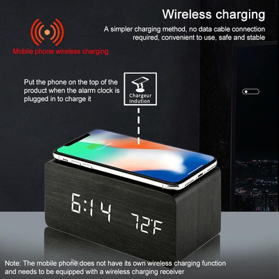 5W Wooden Wireless Charger With Led Mirror Display And Sub Alarm Clock - Black Wood