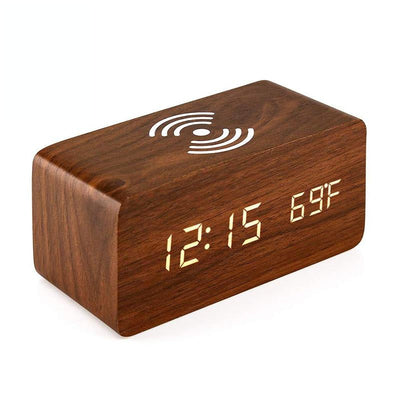 5W Wooden Wireless Charger With Led Mirror Display And Sub Alarm Clock - Black Wood