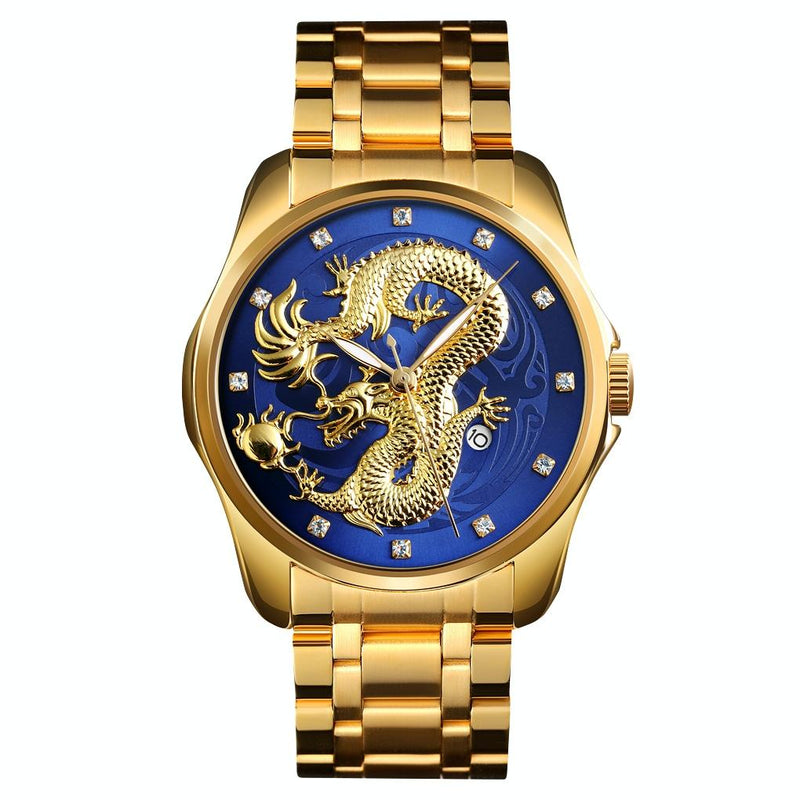 Men Golden Dragon Calendar Dial Quartz Watch with Luminous Hands - Gold Blue