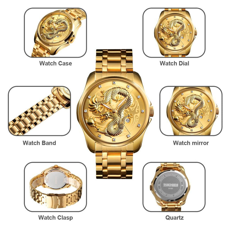 Men Golden Dragon Calendar Dial Quartz Watch with Luminous Hands - Gold Blue