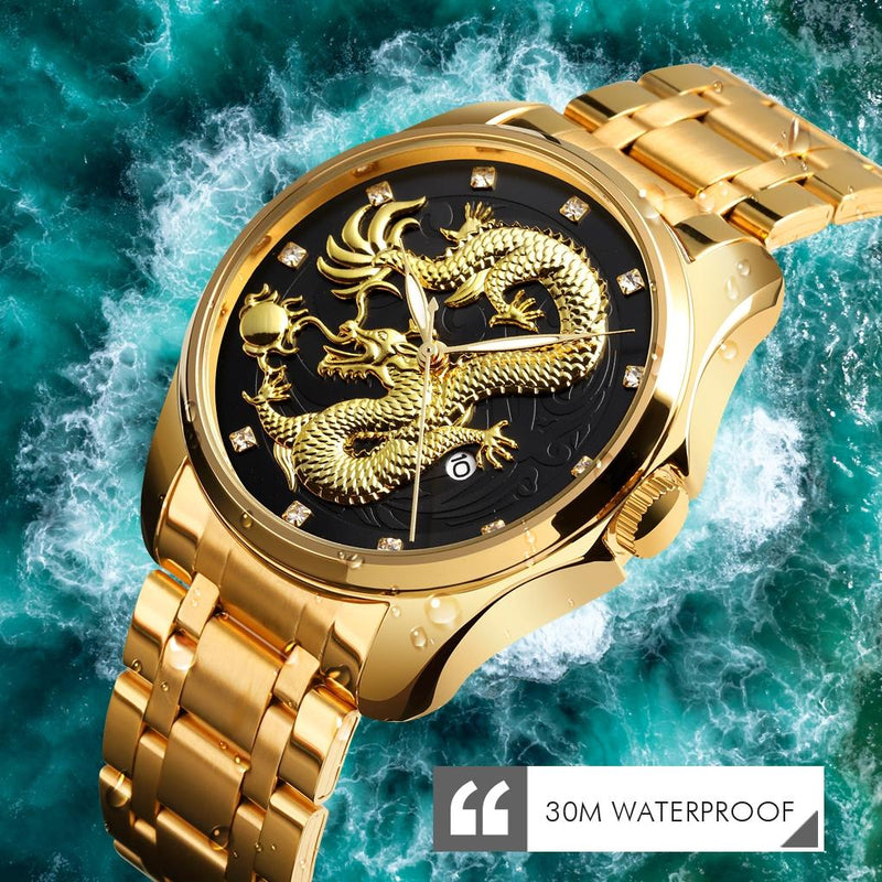 Men Golden Dragon Calendar Dial Quartz Watch with Luminous Hands - Gold Blue