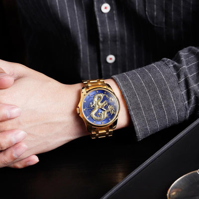 Men Golden Dragon Calendar Dial Quartz Watch with Luminous Hands - Gold Blue