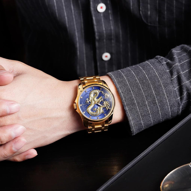 Men Golden Dragon Calendar Dial Quartz Watch with Luminous Hands - Gold Blue