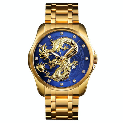 Men Golden Dragon Calendar Dial Quartz Watch with Luminous Hands - Gold Blue
