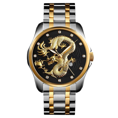 Men Golden Dragon Calendar Dial Quartz Watch with Luminous Hands - Gold Blue