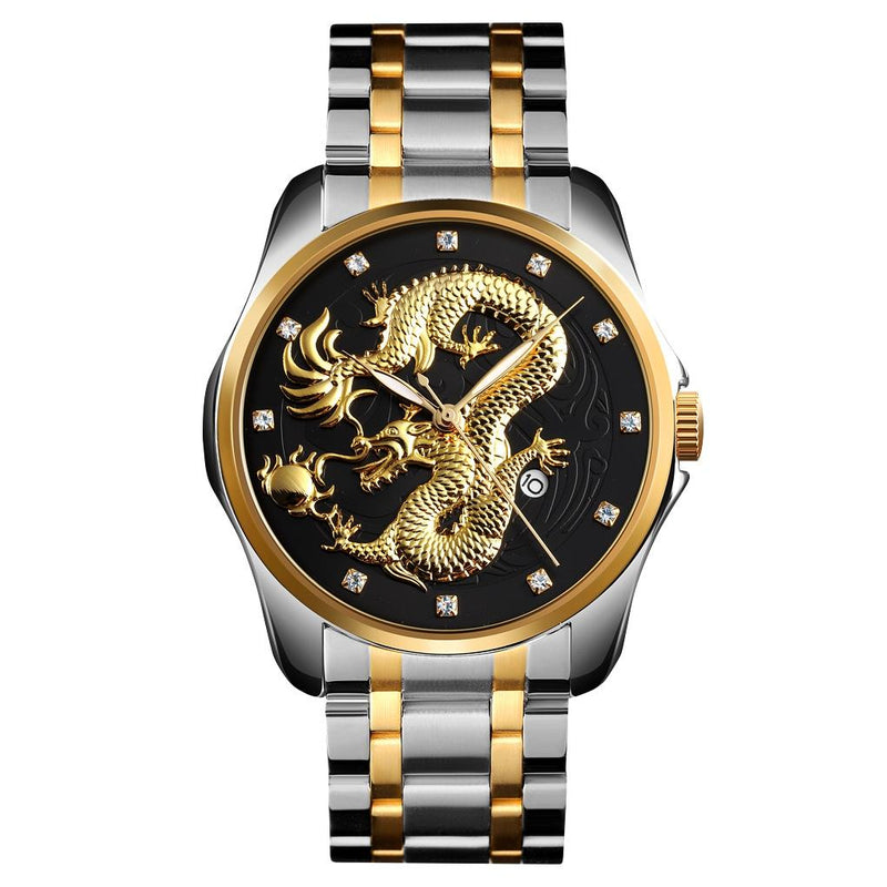 Men Golden Dragon Calendar Dial Quartz Watch with Luminous Hands - Gold Blue