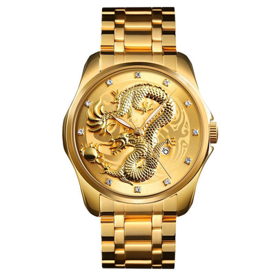 Men Golden Dragon Calendar Dial Quartz Watch with Luminous Hands - Gold Blue