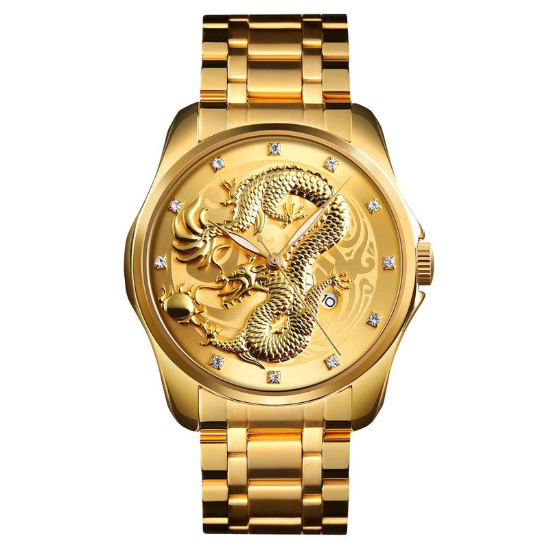 Men Golden Dragon Calendar Dial Quartz Watch with Luminous Hands - Gold Blue