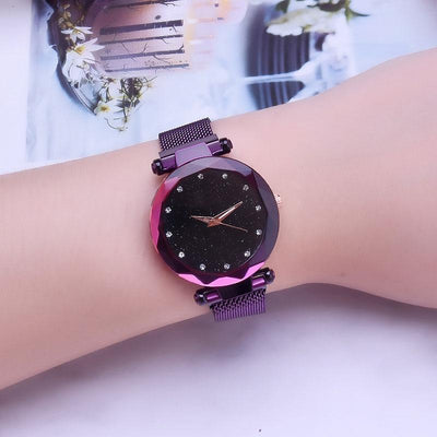 Starry Diamond Geometric Quartz Watch with Magnet Buckle - Luxury Mesh for Women - Purple