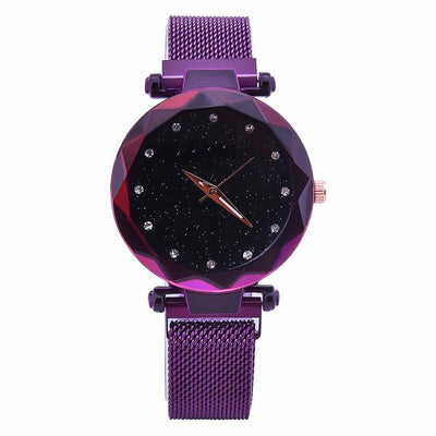 Starry Diamond Geometric Quartz Watch with Magnet Buckle - Luxury Mesh for Women - Purple