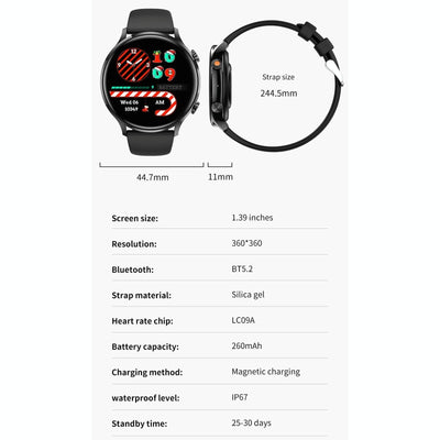 1.39 Inch Bt5.2 Smart Sport Watch Support Bluetooth Call / Sleep / Blood Oxygen / Temperature / Heart Rate / Blood Pressure Health Monitor - Black