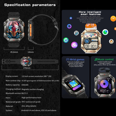 2.0 Inch Bt5.1 Ip67 Sport Smart Watch Support Bluetooth Call / Sleep / Blood Oxygen / Heart Rate / Blood Pressure Health Monitor - Black