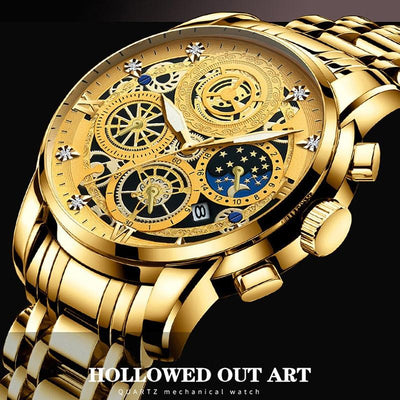 Waterproof Luminous Quartz Watch with Multifunctional Design - Inter-Gold Gold Surface