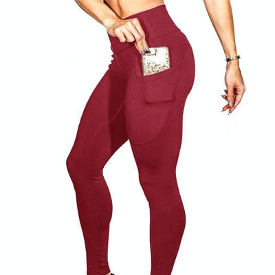 High Elastic Yoga Pants With Pockets For Women Stretch Leggings For Jogging Workout And Running Size S - Red