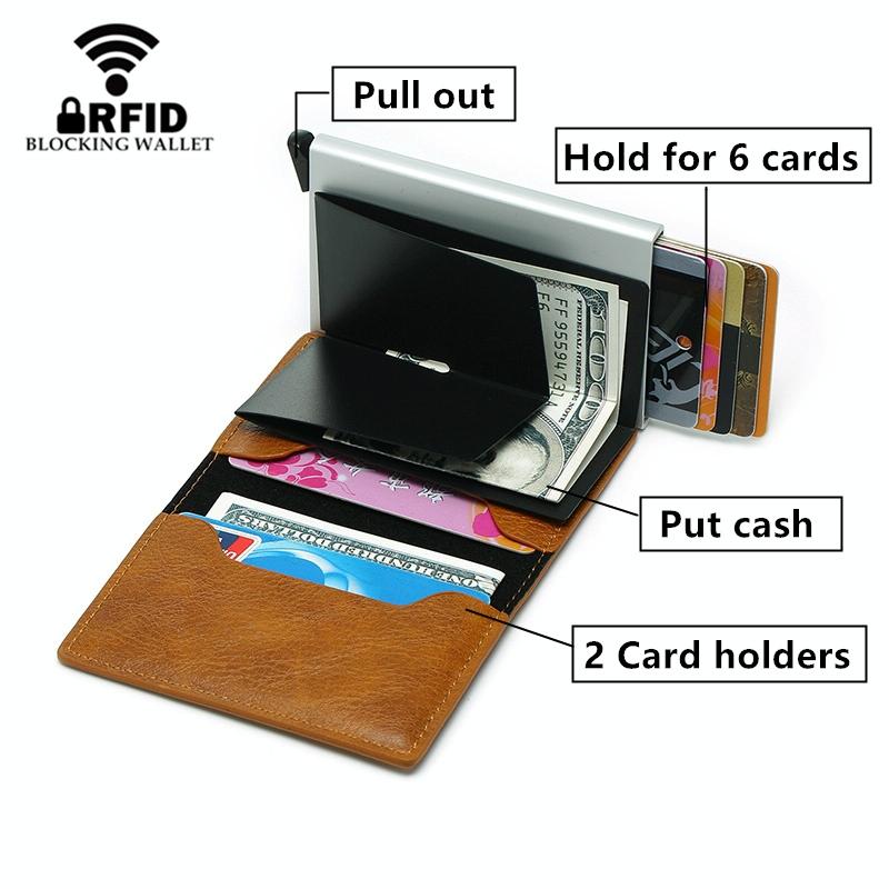 Anti Magnetic Rfid Leather Metal Wallet Universal Fit Black - Brown