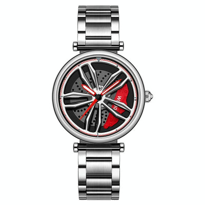 Women Steel Belt Quartz Watch with 3d Hollow out Wheel Design - Silver Red