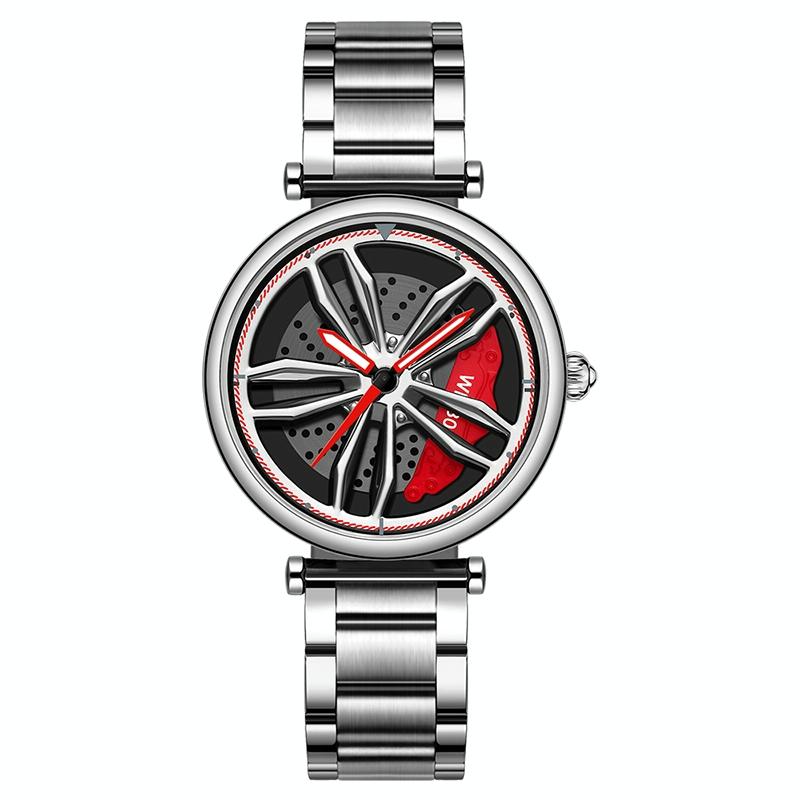 Women Steel Belt Quartz Watch with 3d Hollow out Wheel Design - Silver Red