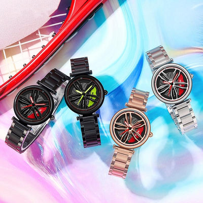 Women Steel Belt Quartz Watch with 3d Hollow out Wheel Design - Silver Red