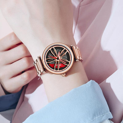 Women Steel Belt Quartz Watch with 3d Hollow out Wheel Design - Silver Red