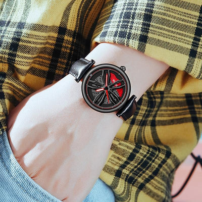 Women Steel Belt Quartz Watch with 3d Hollow out Wheel Design - Silver Red