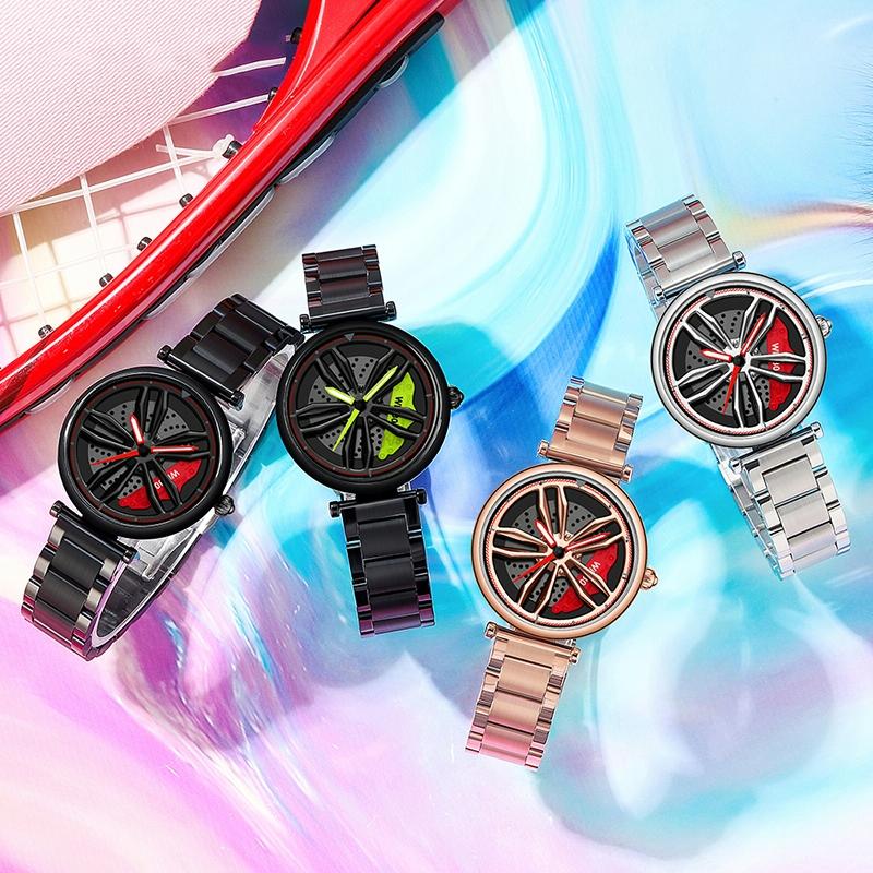 Women Steel Belt Quartz Watch with 3d Hollow out Wheel Design - Silver Red