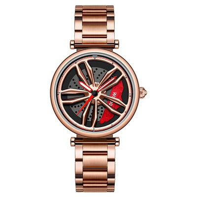 Women Steel Belt Quartz Watch with 3d Hollow out Wheel Design - Silver Red