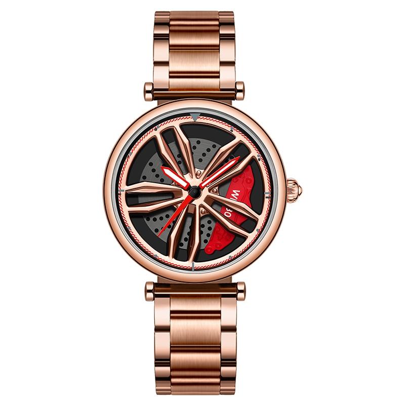 Women Steel Belt Quartz Watch with 3d Hollow out Wheel Design - Silver Red