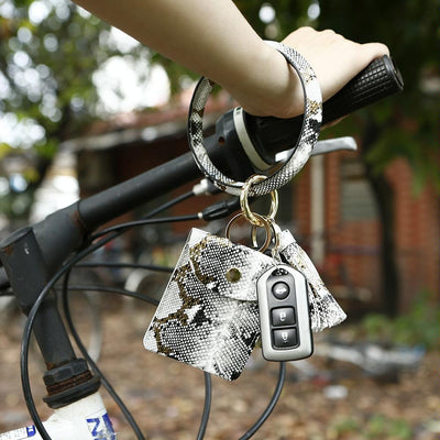 Snake Print Wrist Keychain Coin Purse Black Pu Leather Bracelet Card Case - Red