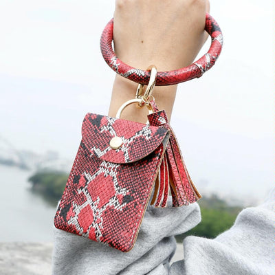 Snake Print Wrist Keychain Coin Purse Black Pu Leather Bracelet Card Case - Red