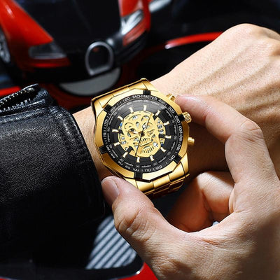 Waterproof Luminous Skeleton Watch - 30m - Black Steel Black White Nail
