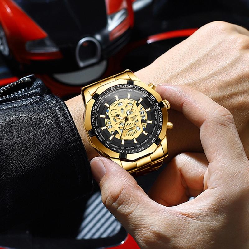 Waterproof Luminous Skeleton Watch - 30m - Black Steel Black White Nail