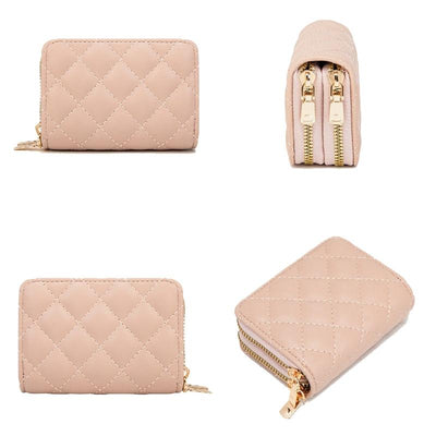 Double Layer Zipper Wallet Multi Card Slot Large Capacity Rhombus Design - Coffee