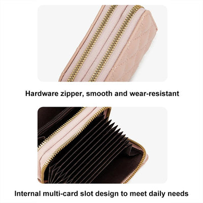 Double Layer Zipper Wallet Multi Card Slot Large Capacity Rhombus Design - Coffee