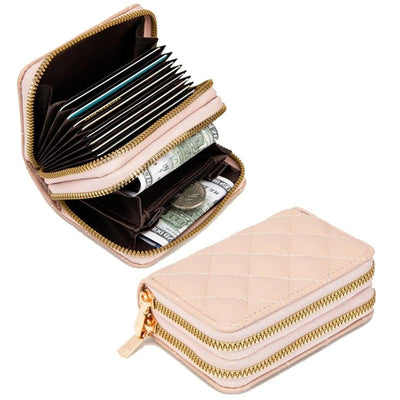 Double Layer Zipper Wallet Multi Card Slot Large Capacity Rhombus Design - Coffee