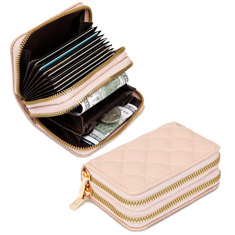 Double Layer Zipper Wallet Multi Card Slot Large Capacity Rhombus Design - Coffee