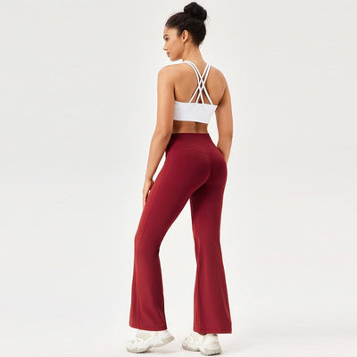 High Waisted Elastic Yoga Flared Pants Size L - Wine Red - L
